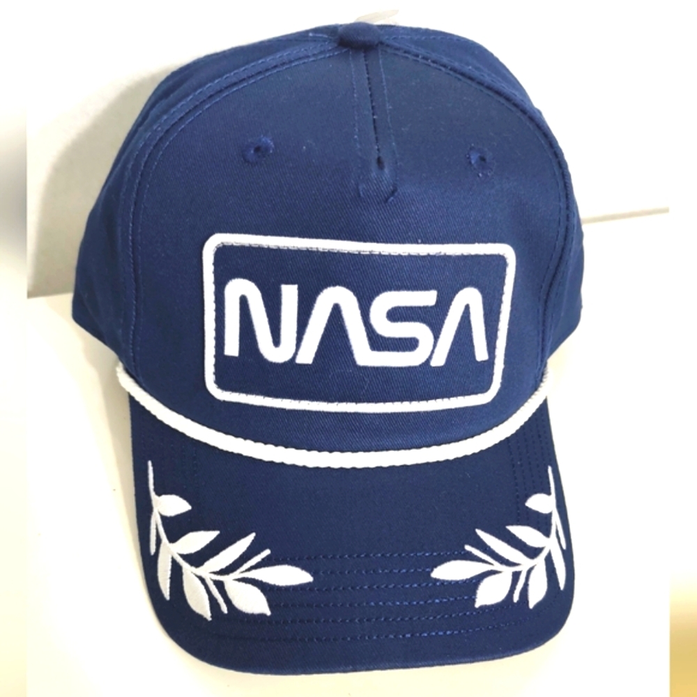 MAD ENGINE NASA Hat Cap Adjustable Navy Blue Embroidered Leaves Greek Cotton NEW